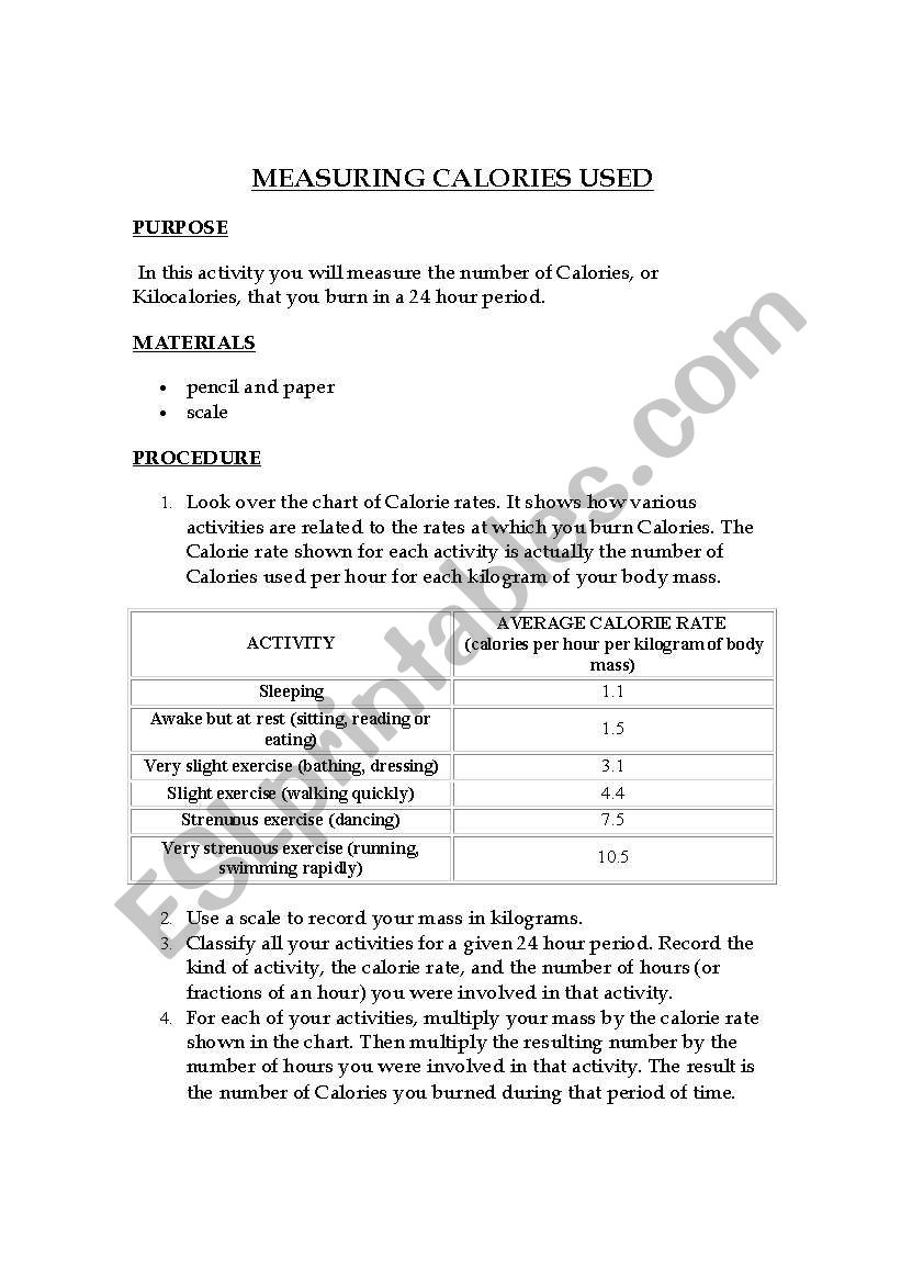 Measuring calories udes worksheet