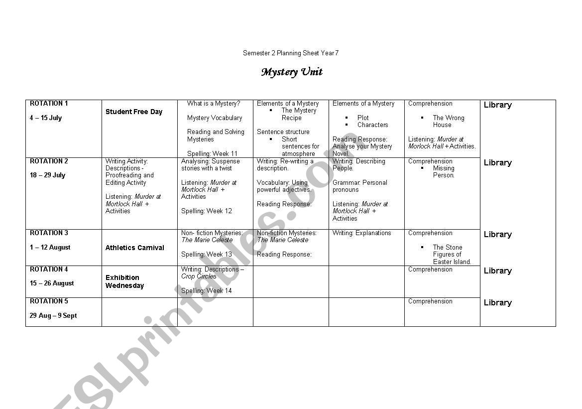 Mystery Unit worksheet
