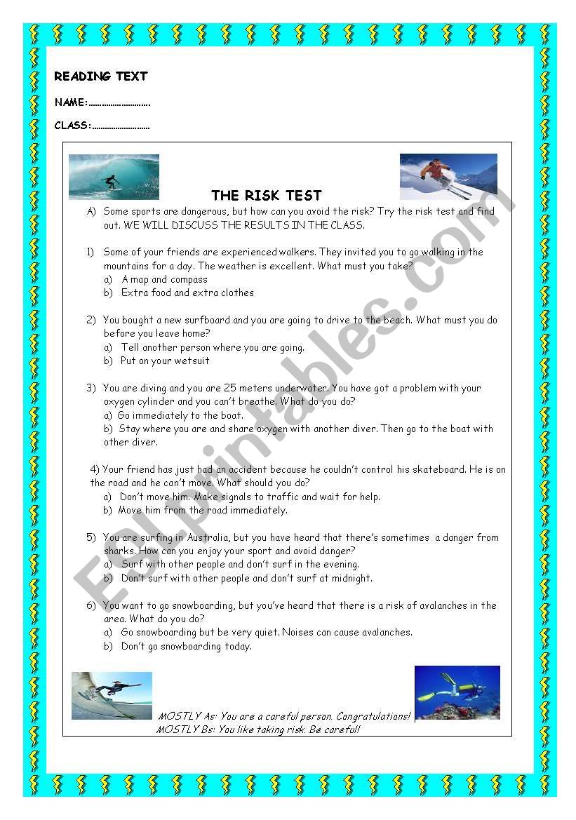 Reading Text - THE RISK TEST worksheet