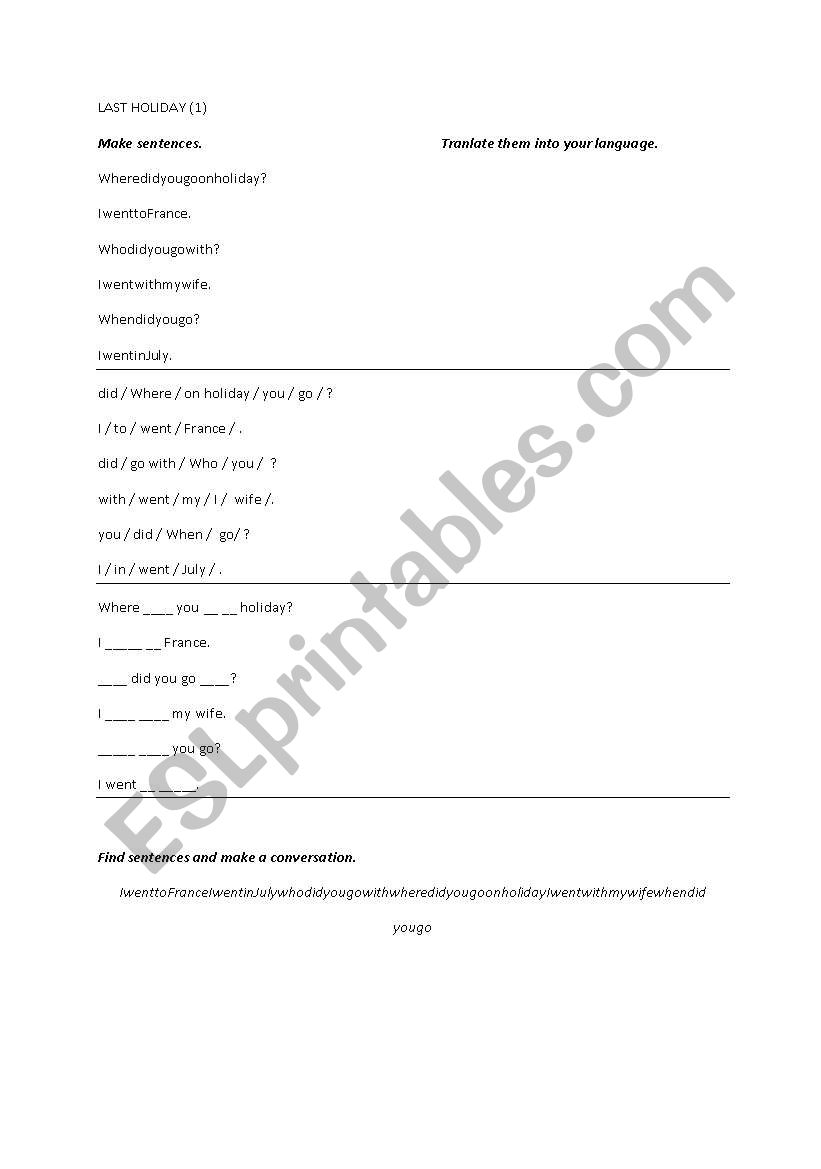 Last Holiday worksheet