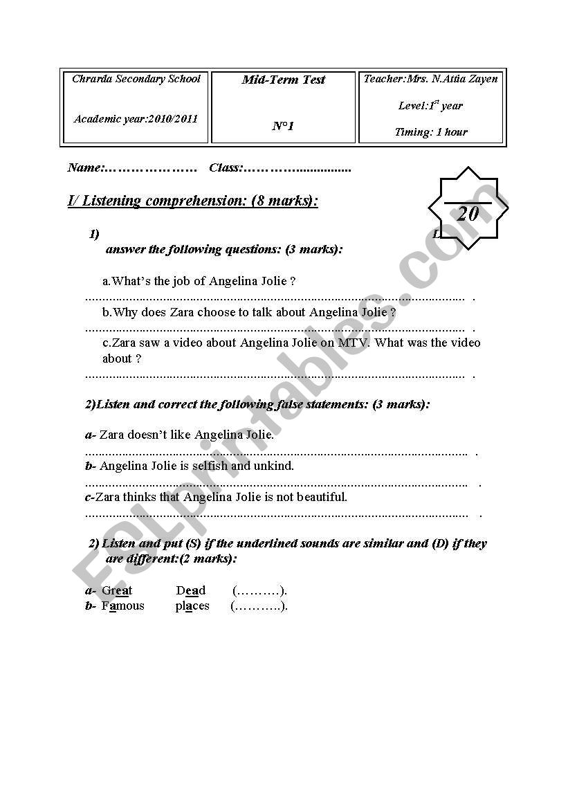 mid-term test 1 -1st year worksheet