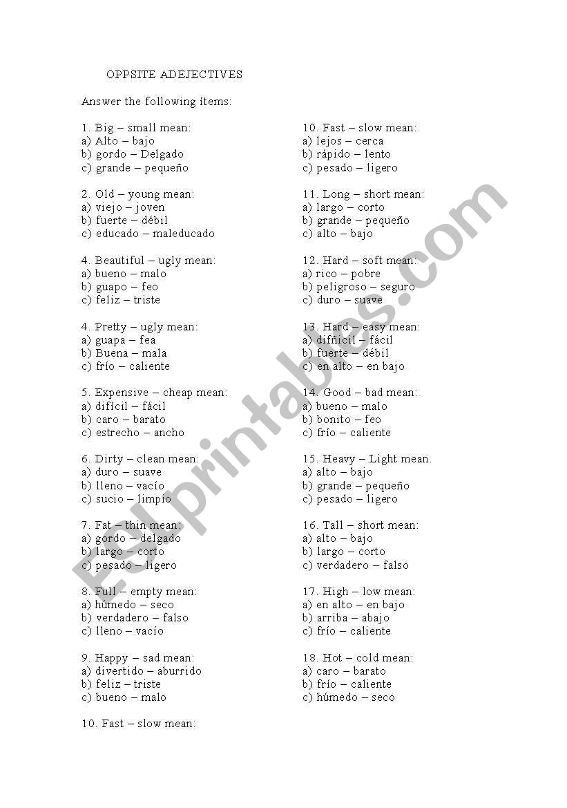 Opposite adjectives worksheet