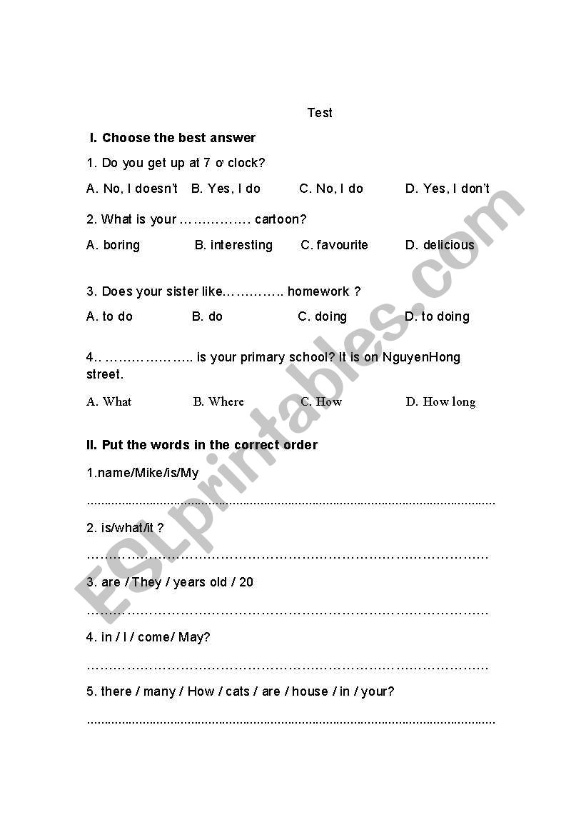 Test for kids worksheet