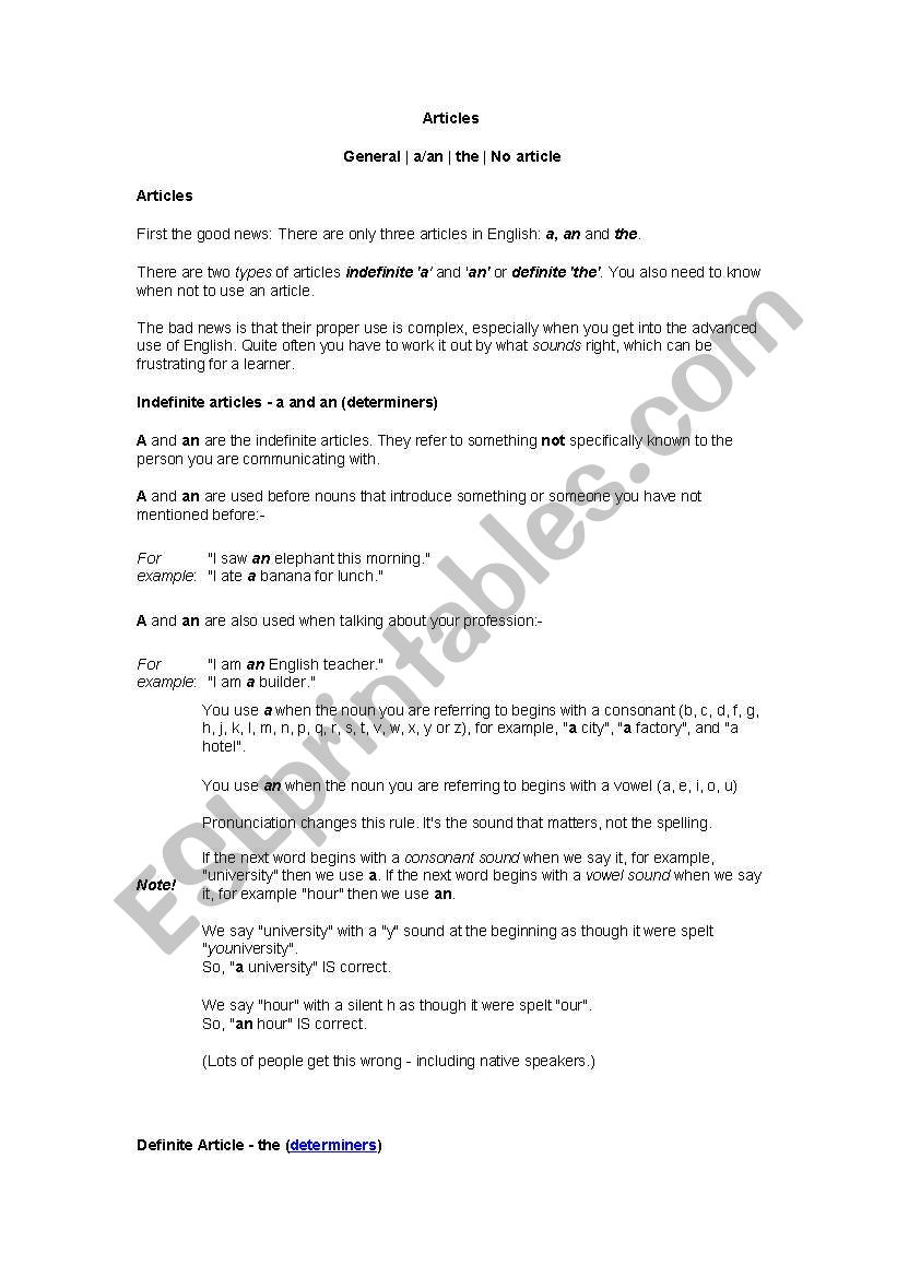 Articles worksheet