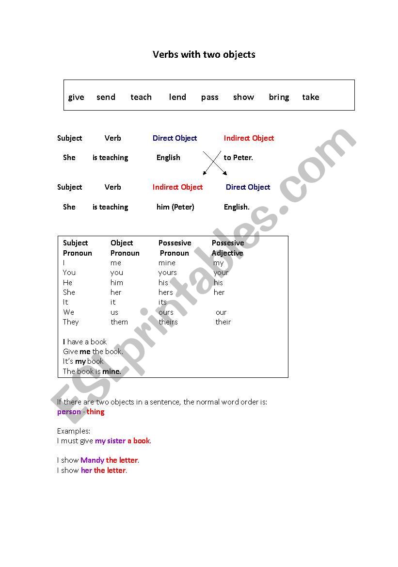 verbs with two objects worksheet