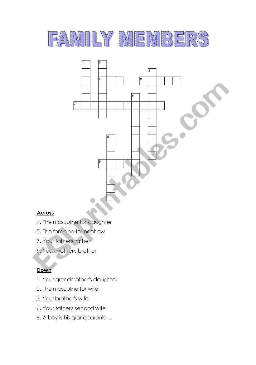 crossword family members worksheet
