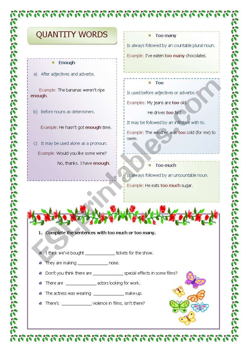 too/enogh worksheet