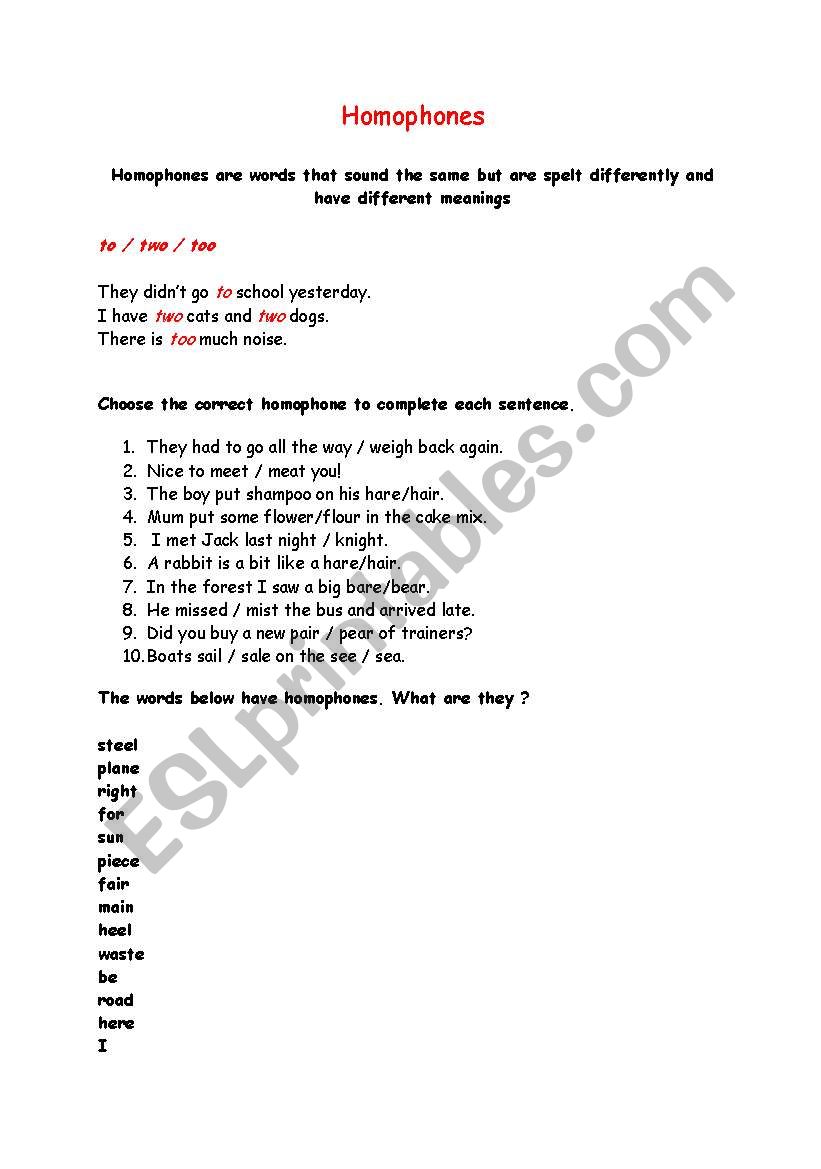 Homophones 2 sheets worksheet