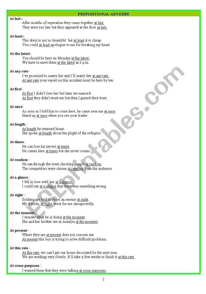 PREPOSITIONAL ADVERBS worksheet