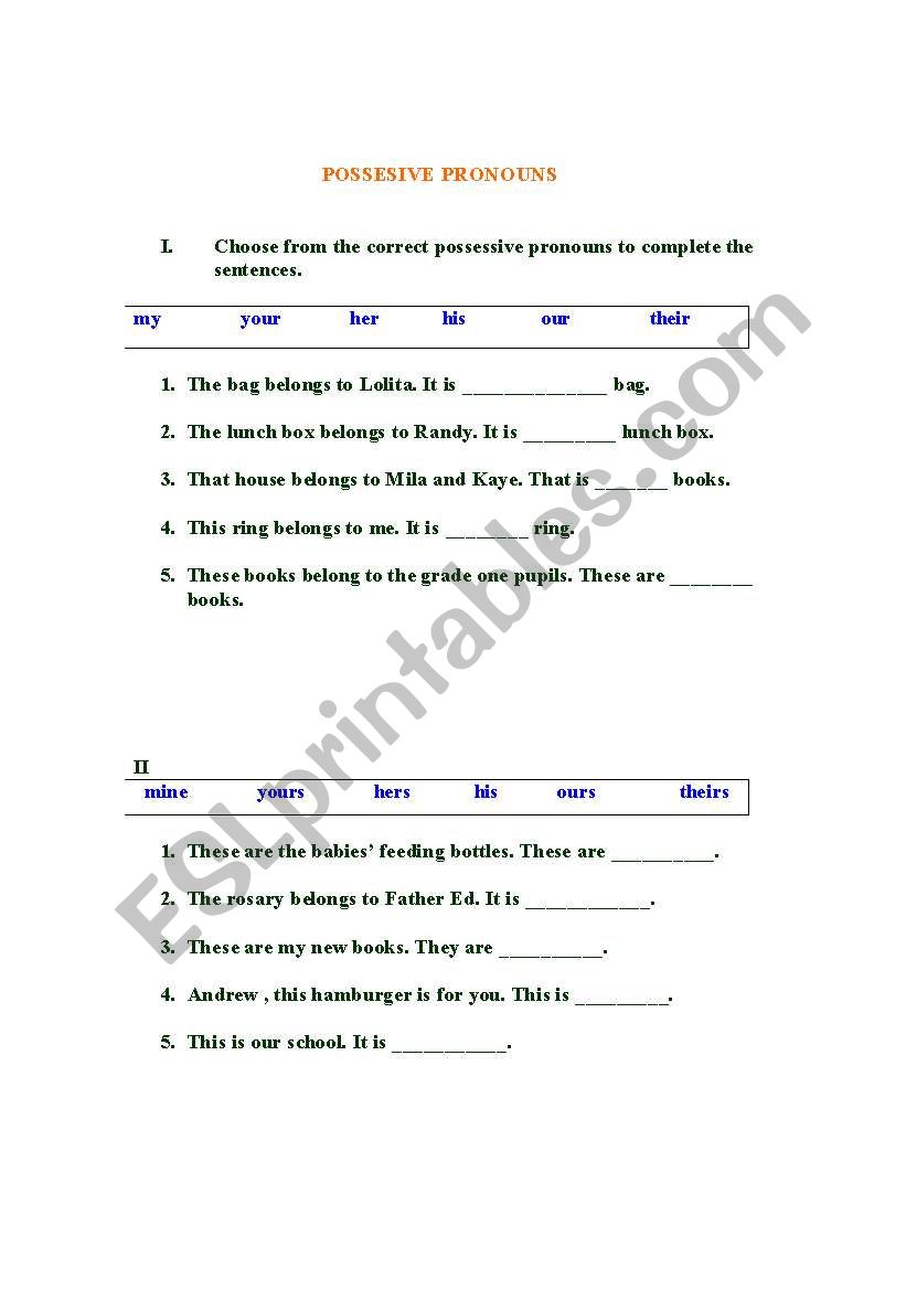 possesive pronoun worksheet