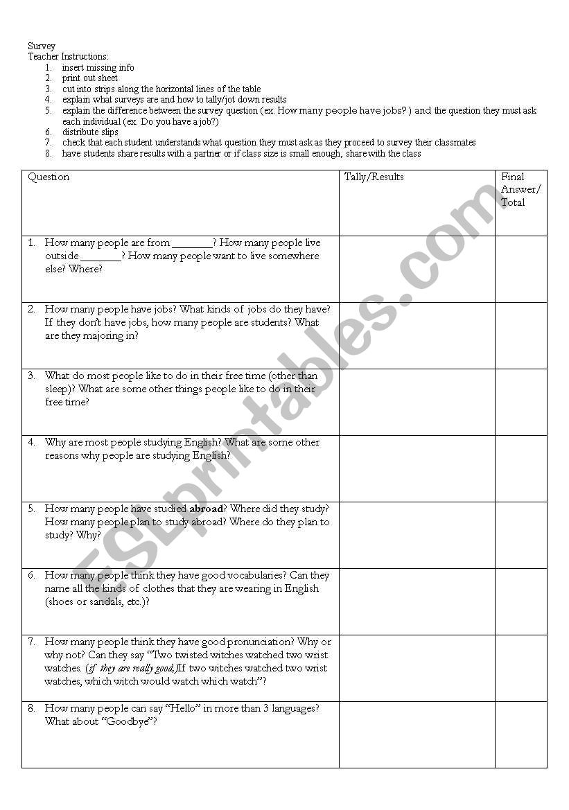 First Day of Class Survey Activity Intermediate Level