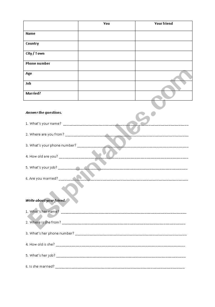 Personal Questionnaire worksheet
