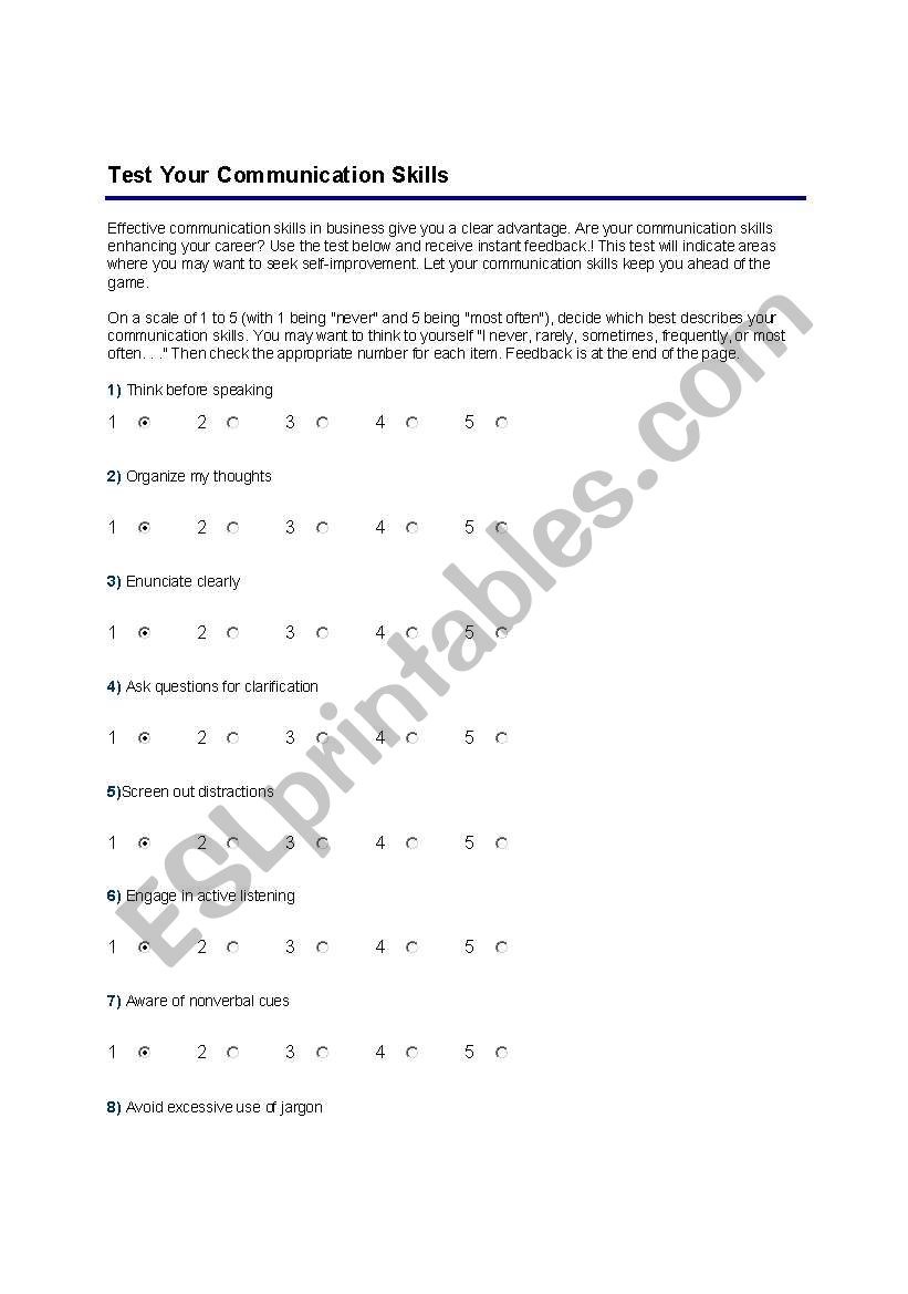Communication Skill Test worksheet