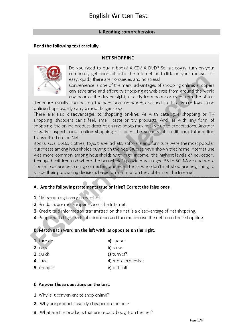 English Test - Consumerism: Net Shopping