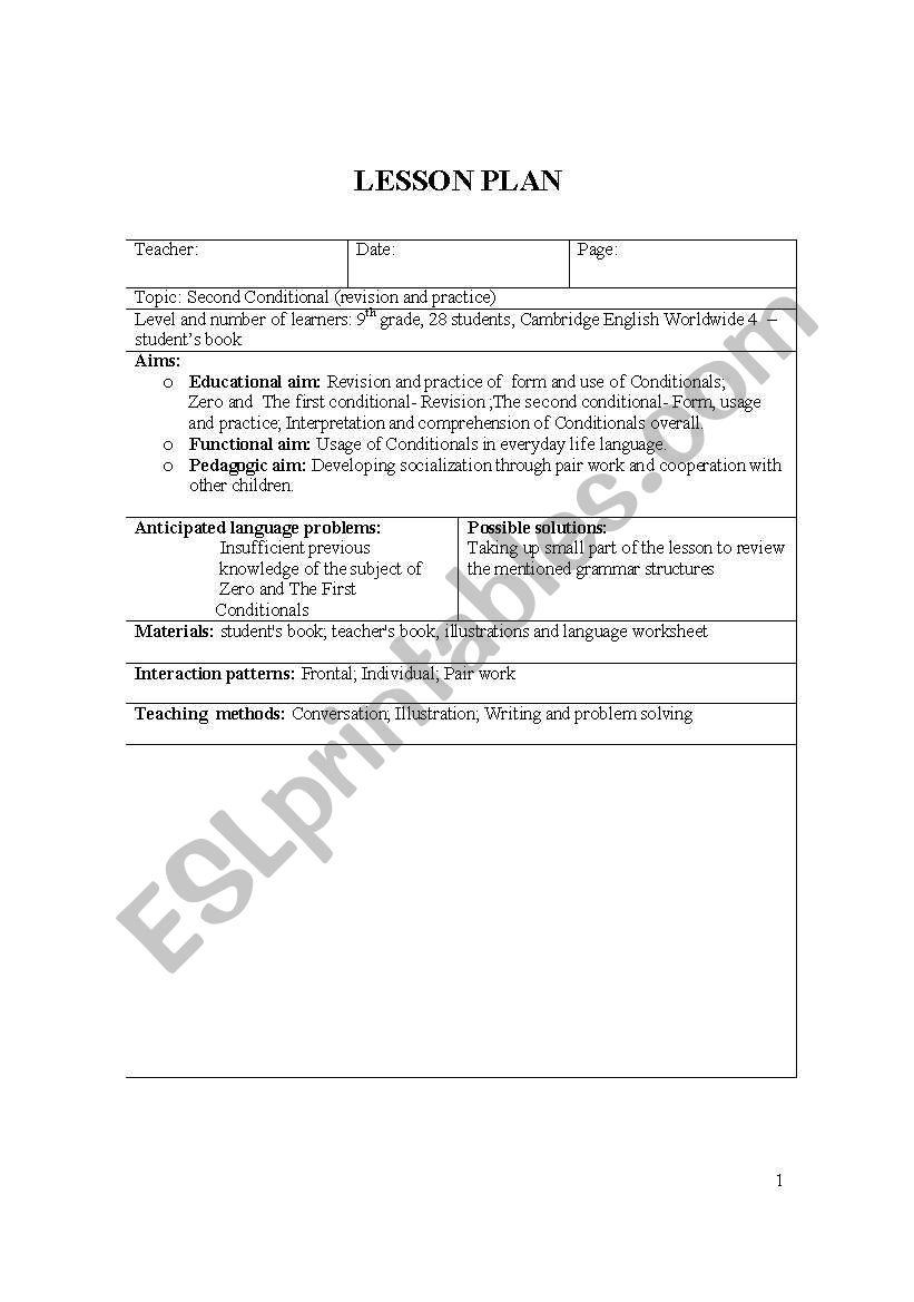  a detailed lesson plan for the revision and practice of Second Conditional