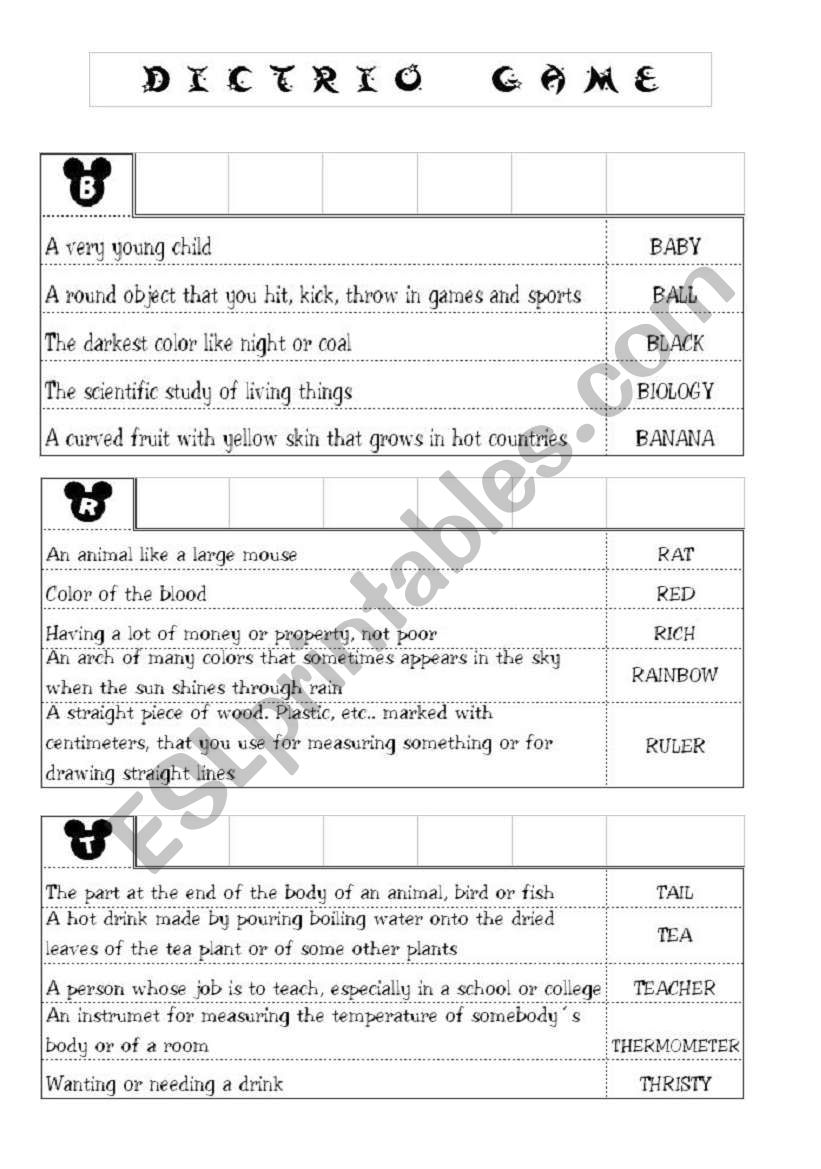 Dictrio game II worksheet