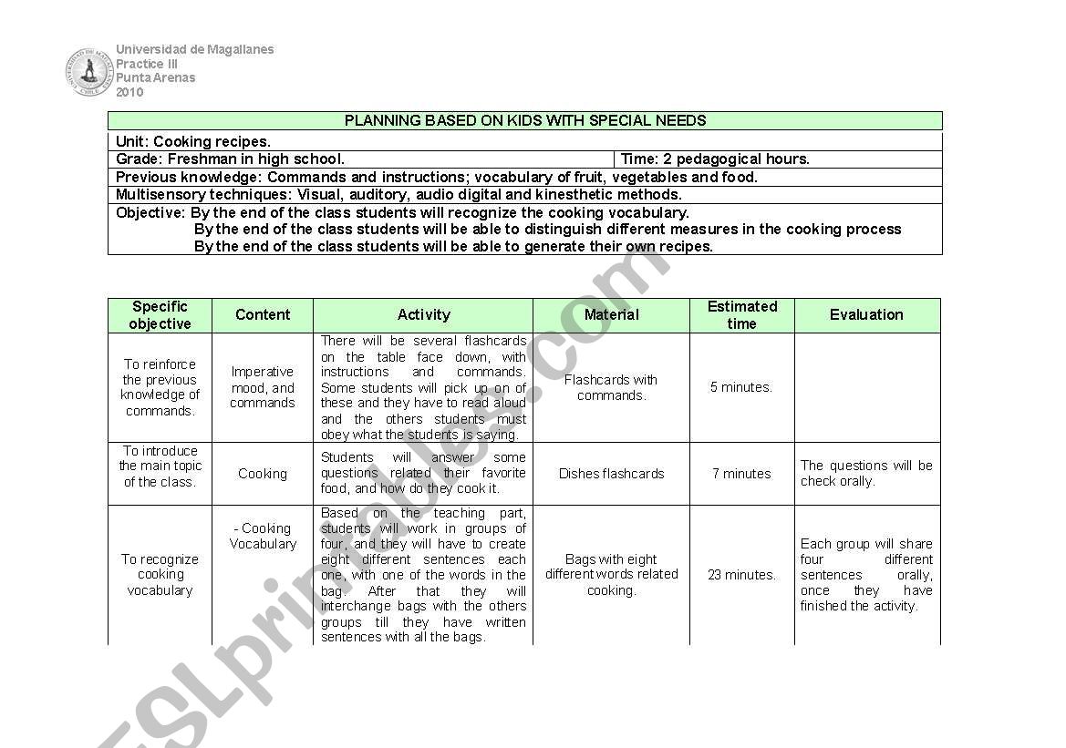 cooking planning worksheet