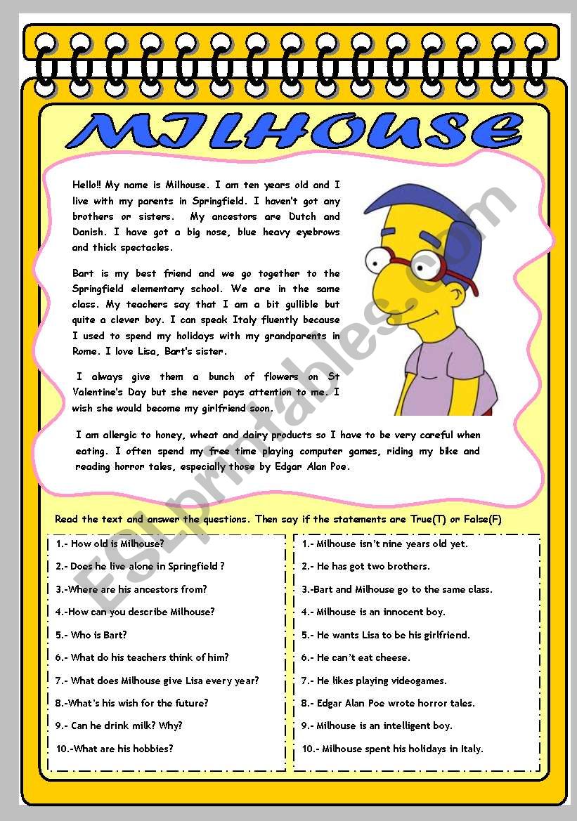 MILHOUSE: HIS PROFILE worksheet