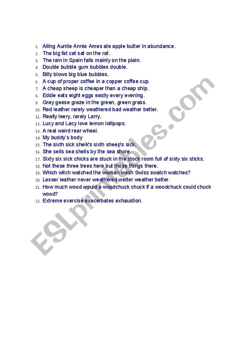 Pronunciation Tongue Twisters worksheet