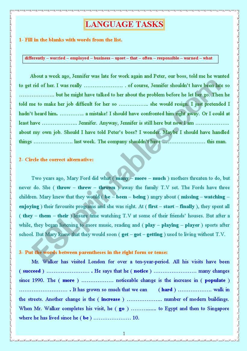 VARIOUS 2ND SECONDARY TASKS worksheet