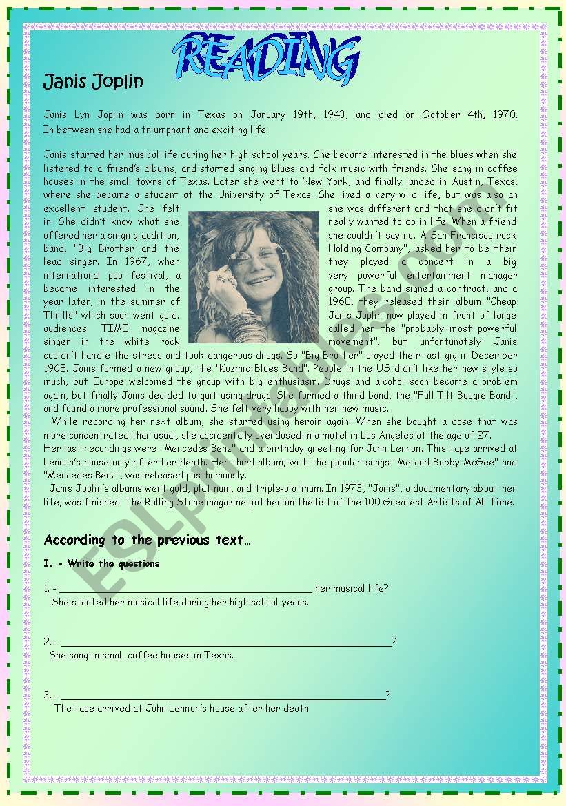 reading Janis Joplin worksheet