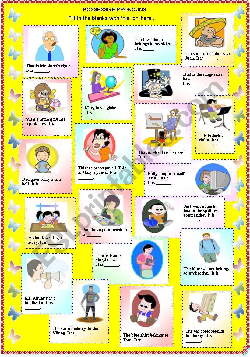 Possessive Pronouns - His or Hers (with B/W and answer key)**fully editable