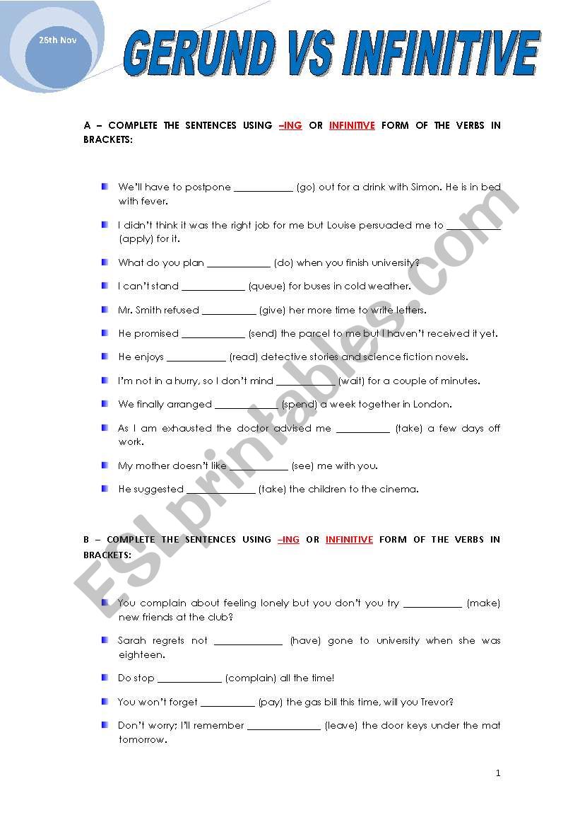 GERUND + INFINITIVE worksheet