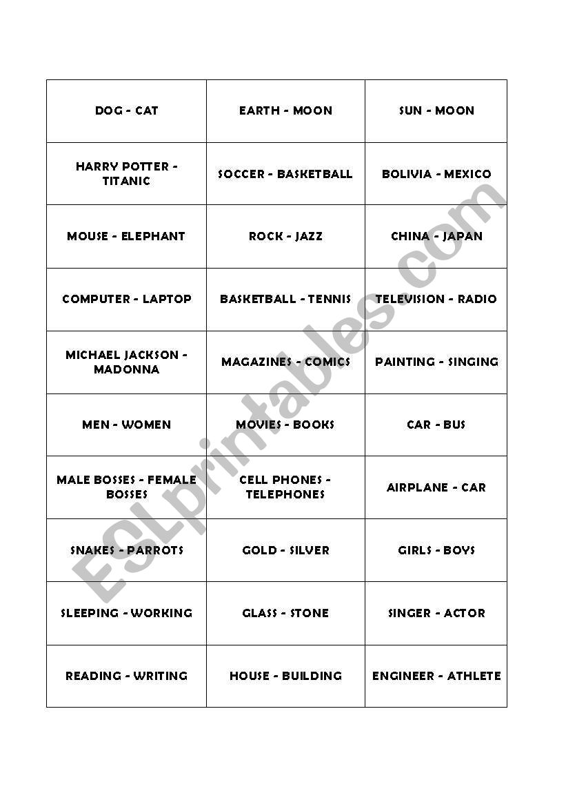 board game comparisons as as worksheet