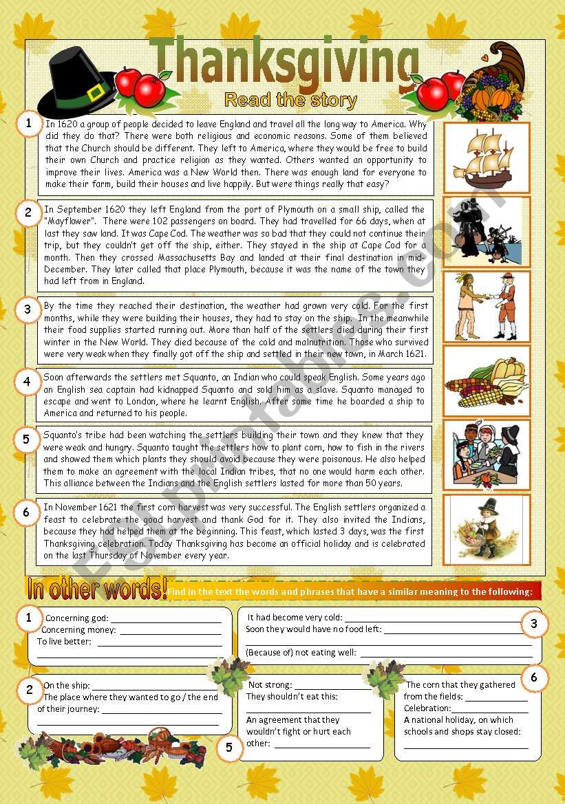 The story of Thanksgiving (2pages) - ESL worksheet by perma