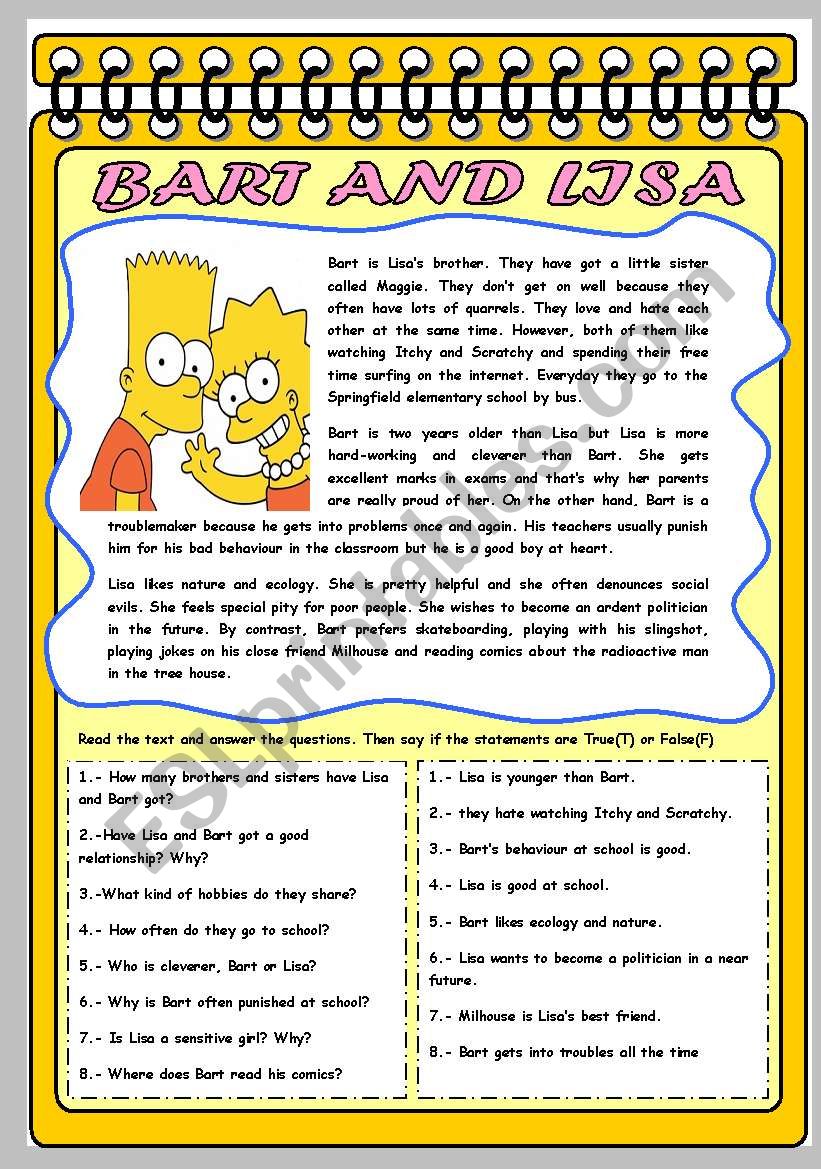 BART AND LISA worksheet