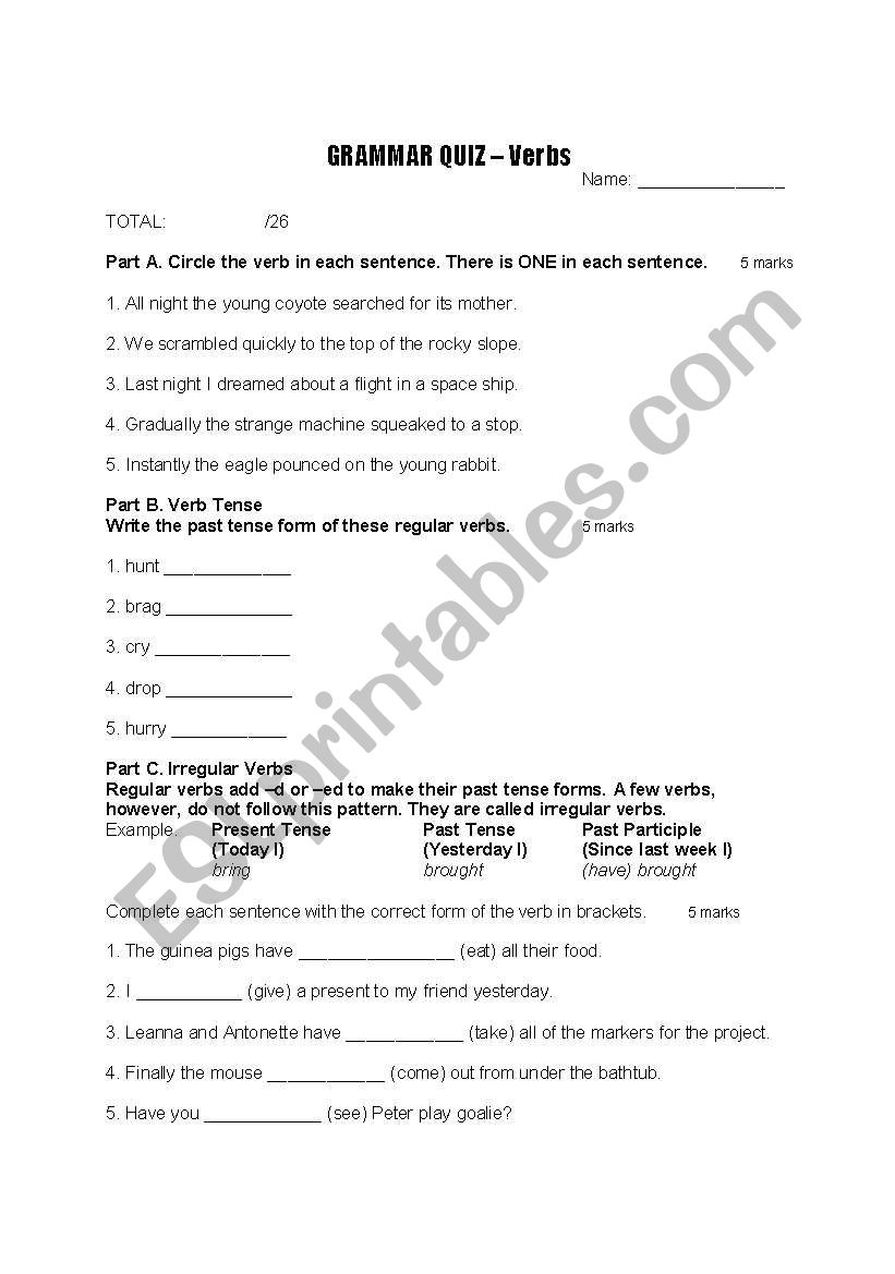 Verb Quiz worksheet