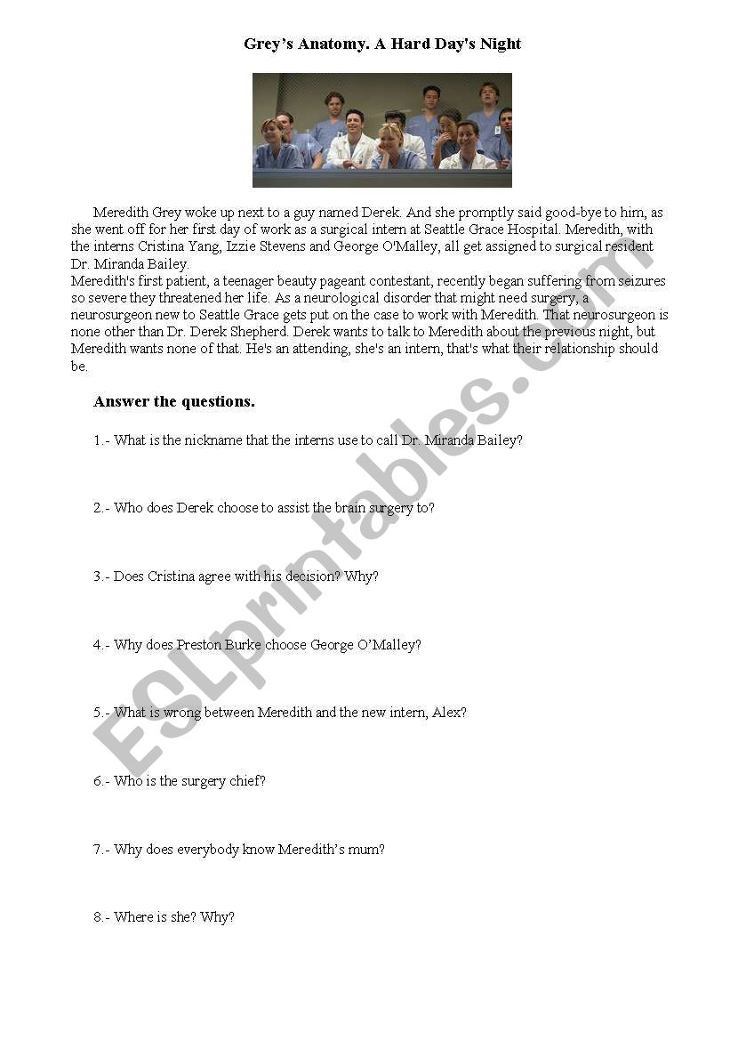 Greys anatomy worksheet