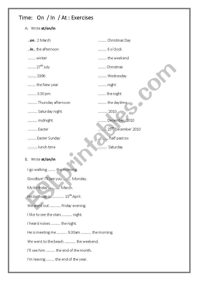 Prepositions of Time:(on, in, at) Exercises