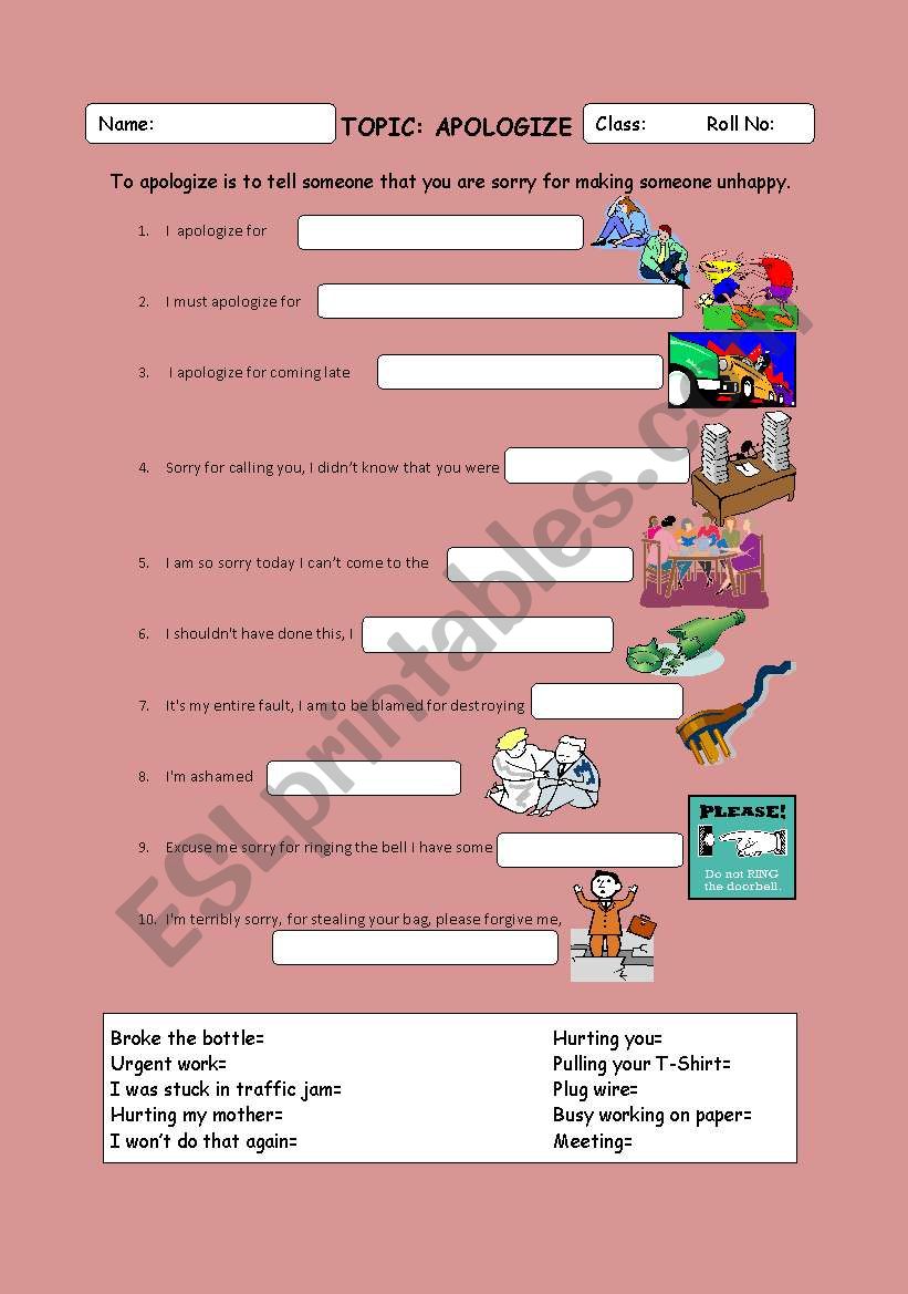 Apologize or Saying Sorry worksheet