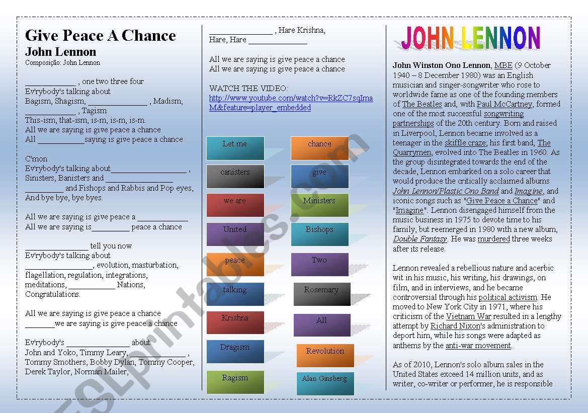 GIVE PEACE A CHANCE (TRADUÇÃO) - John Lennon (Impressão), PDF, Apple  Corps