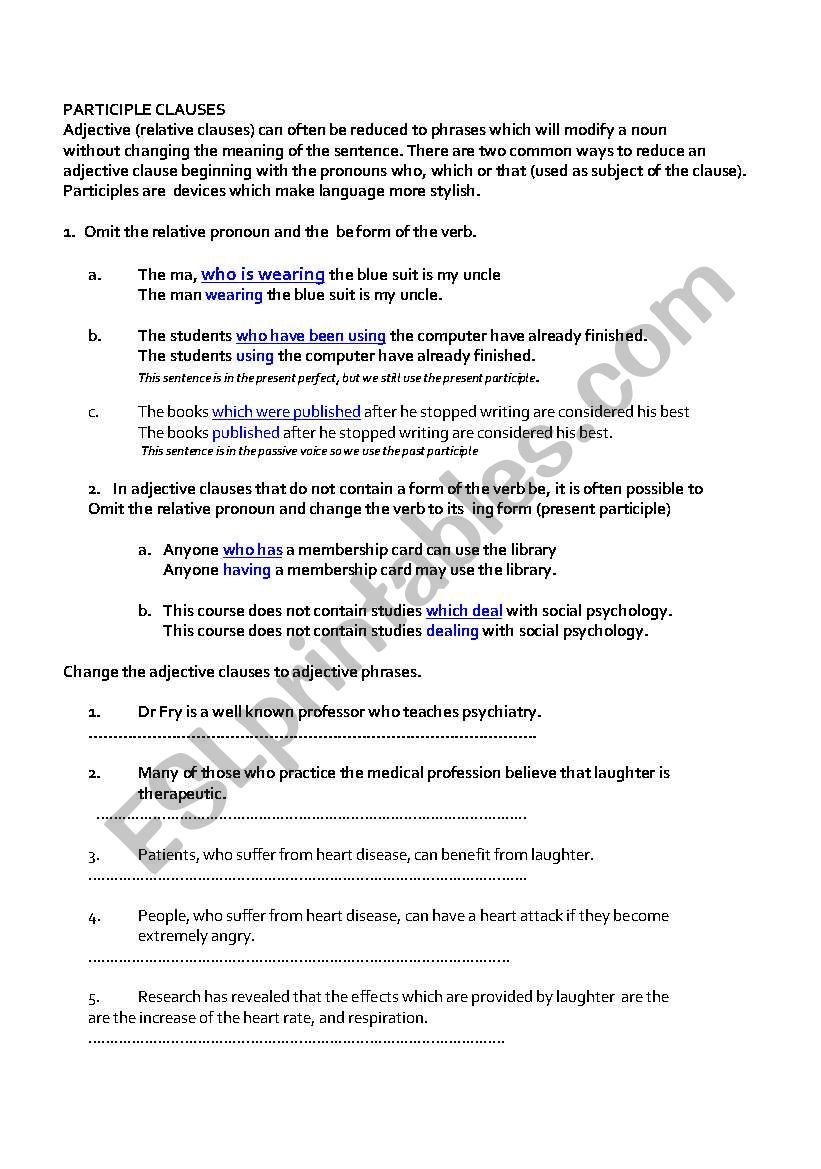 participle clauses worksheet