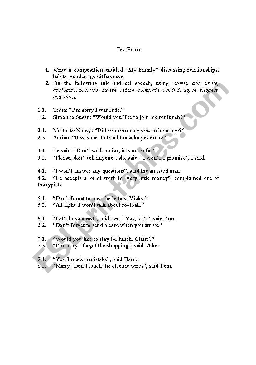 Test paper- indirec speech worksheet
