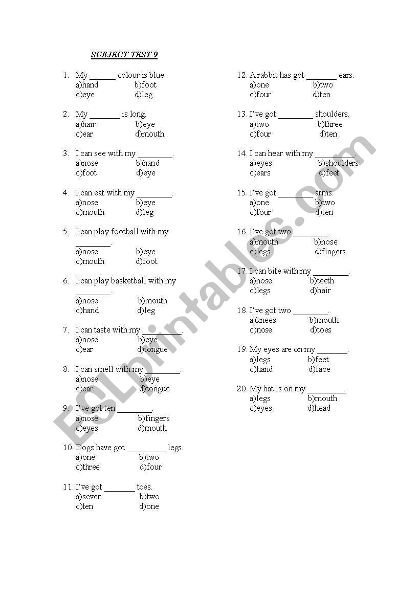 body parts worksheet