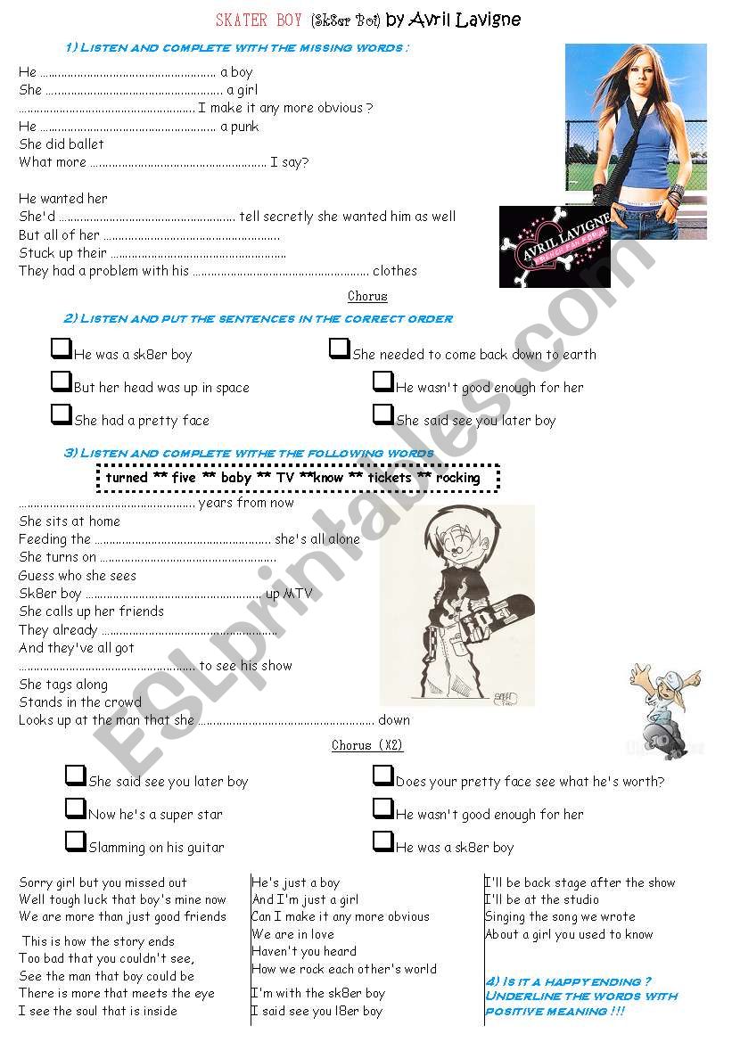 Sk8er Boi by Avril Lavigne worksheet