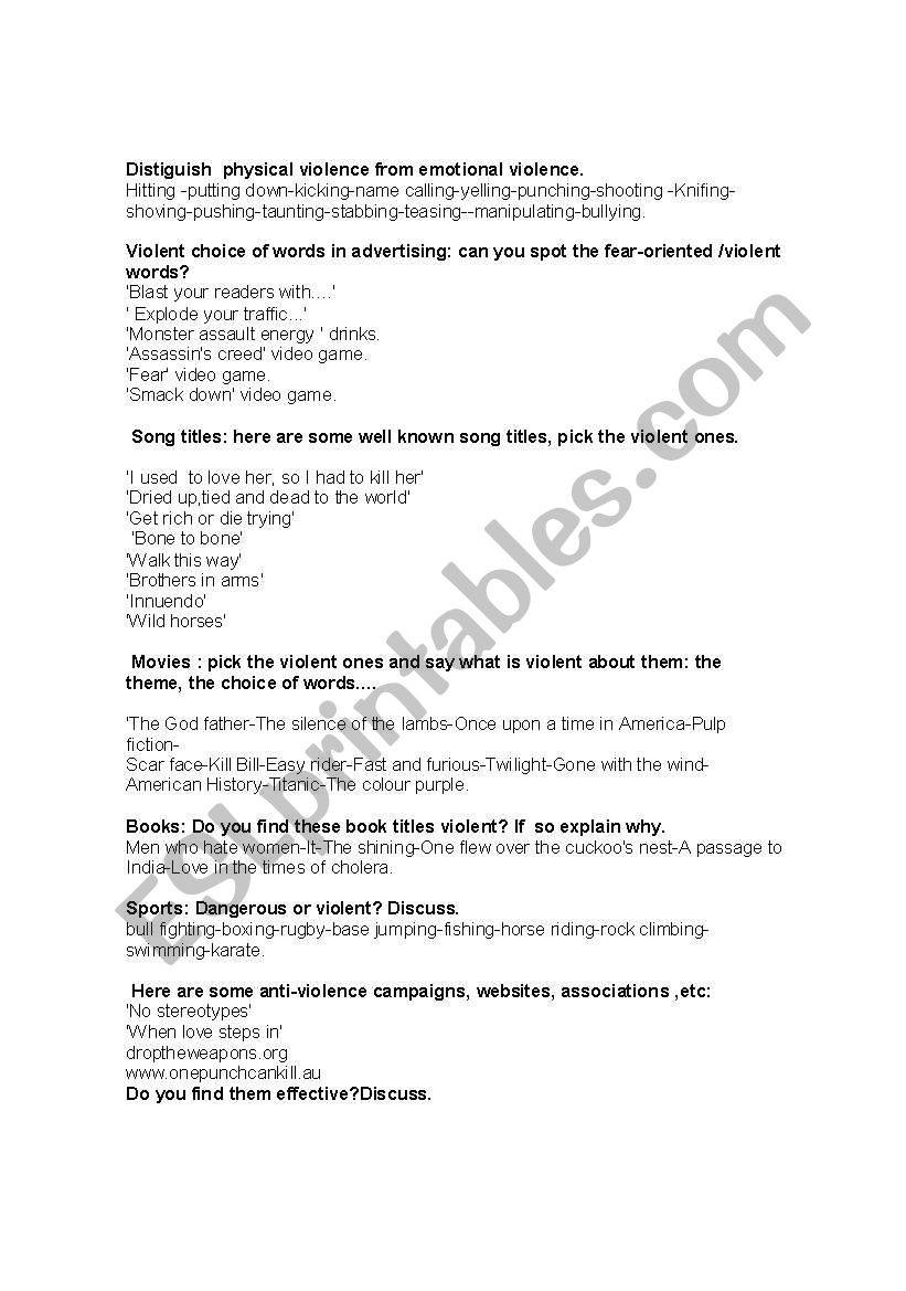 Talking violence worksheet