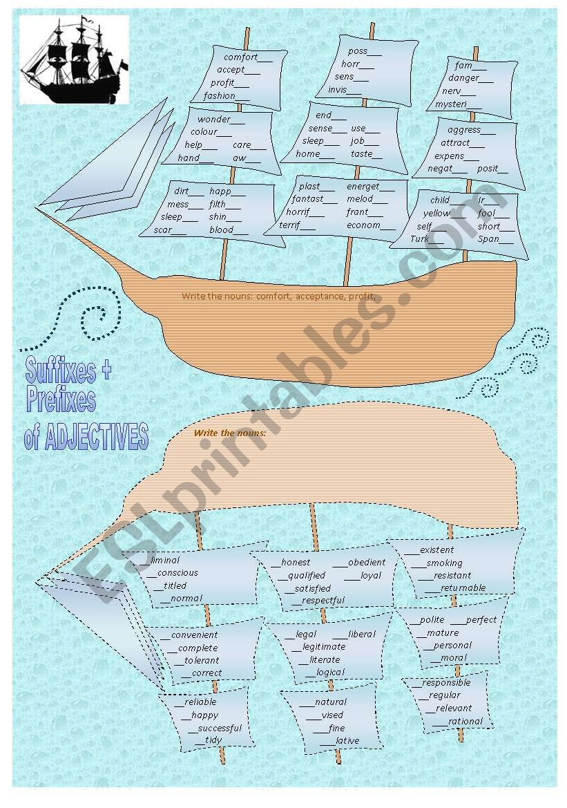 Adjectives Project - Prefixes + Suffixes - 30 activities + list of ADJ + BOARDGAME +bw + POSTER = key ((9_PAGES)) - B1 - 3/6 level