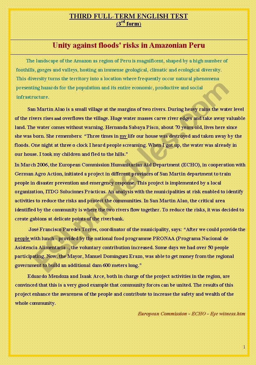 Unity against floodsÂ´ risks (3rd form test)