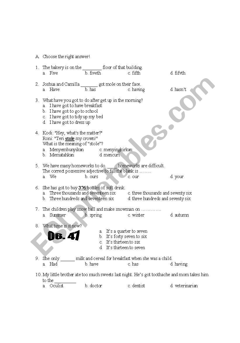 achivement test for basic worksheet