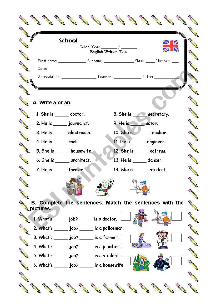 Written Test Jobs A An Personal Pronouns Possessive Adjectives Yes Or No Questions Esl Worksheet By Joanadelmar