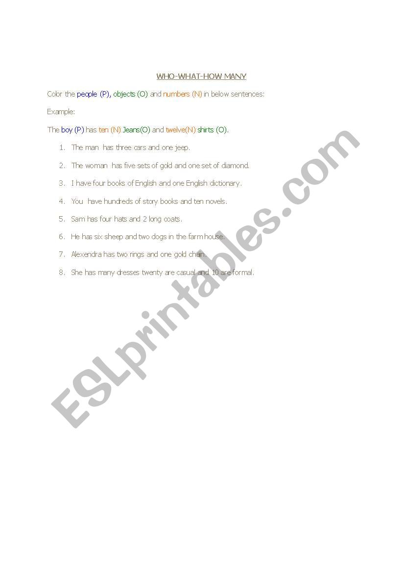 WHO-WHAT-HOW MANY worksheet