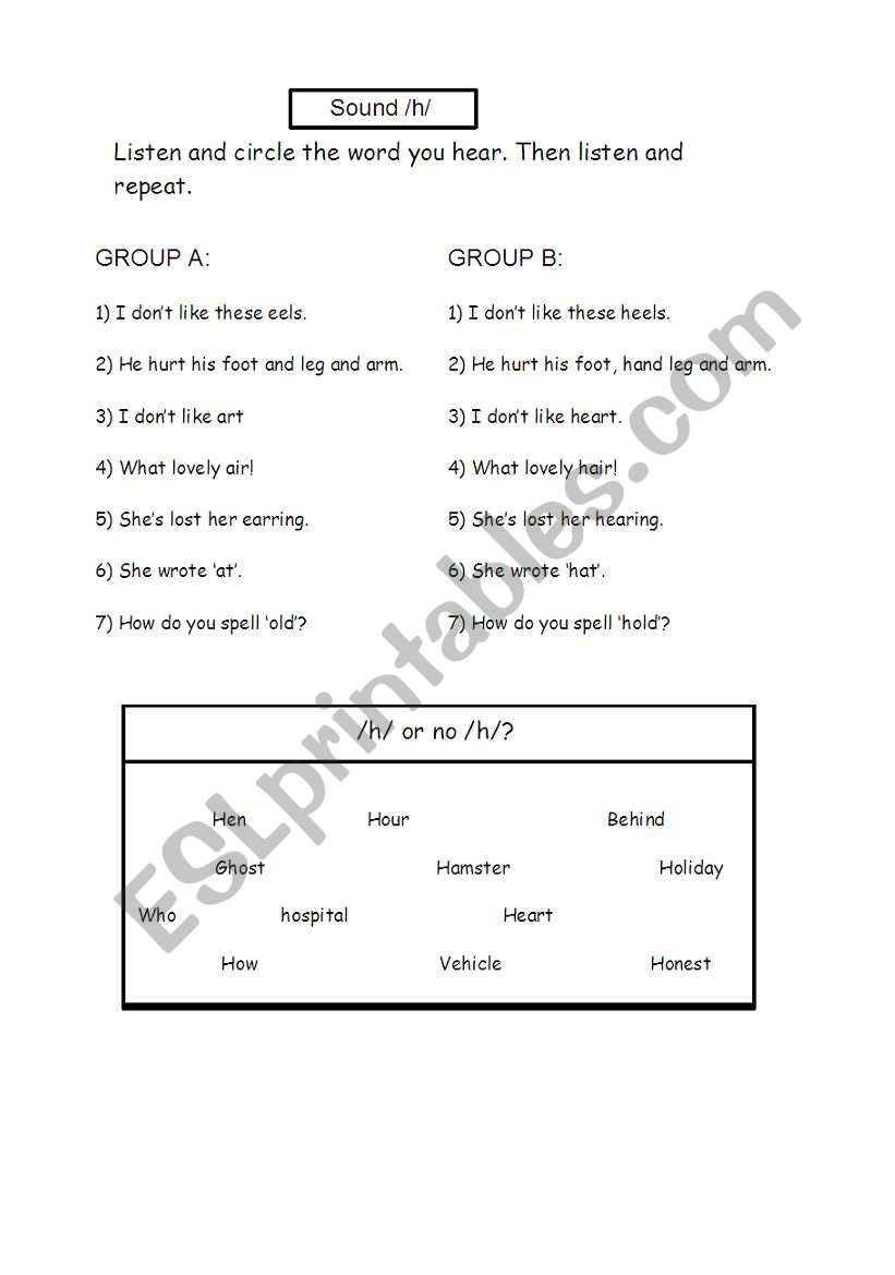 h sound (listening) worksheet