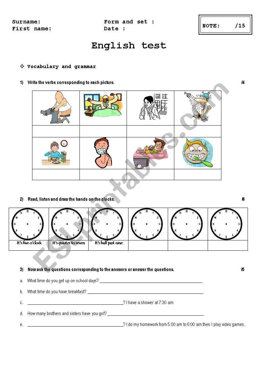 Evaluation daily activities (grammar - reading - writing)