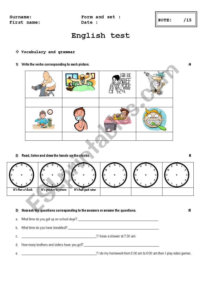 Evaluation daily activities (grammar - reading - writing) - ESL worksheet  by jellybiiiz