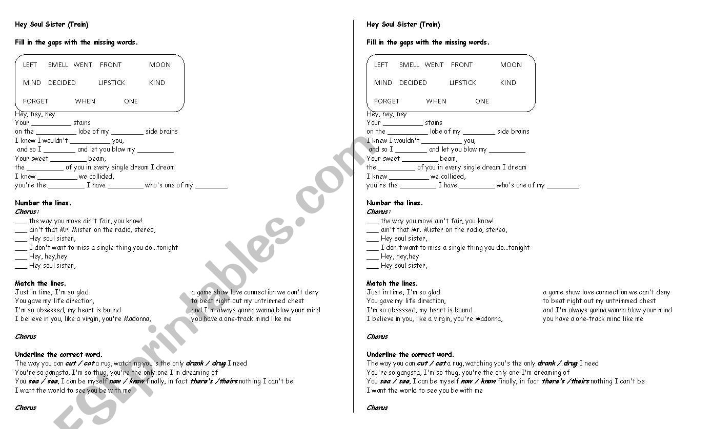 Hey Soul Sister (Train) worksheet