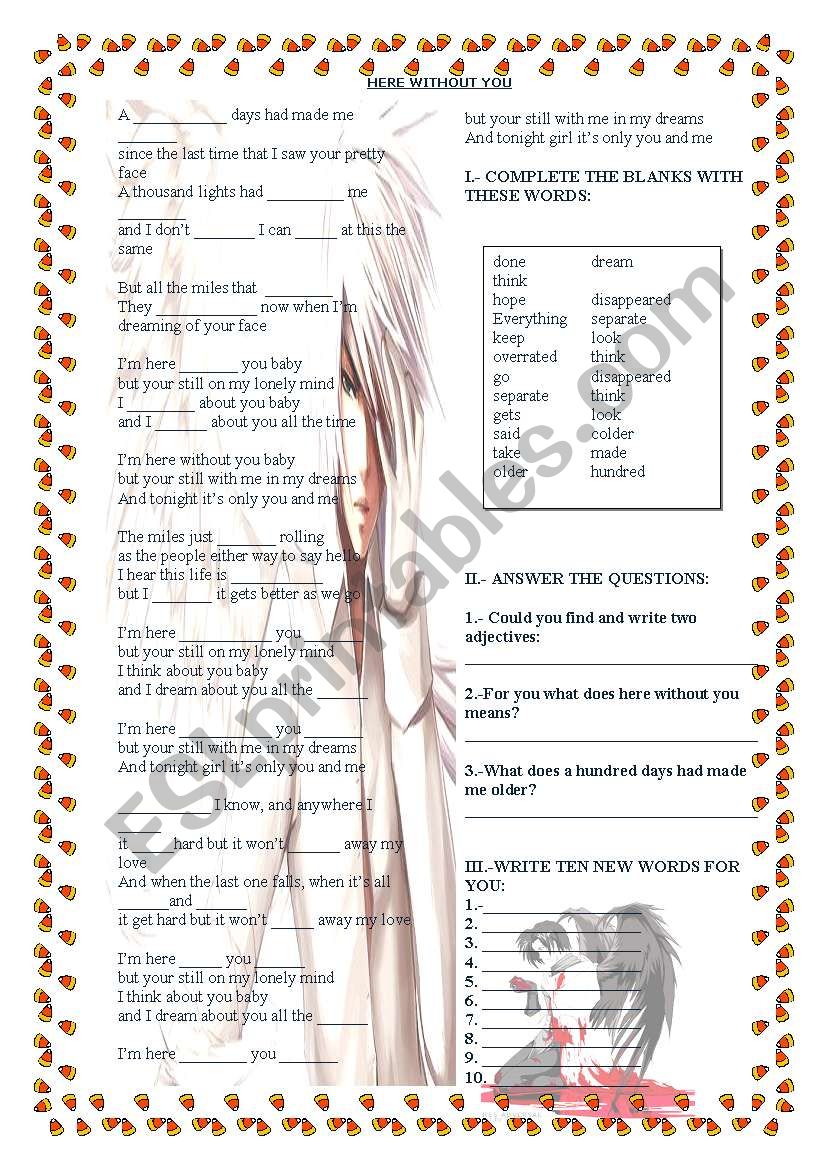 sing here without you worksheet
